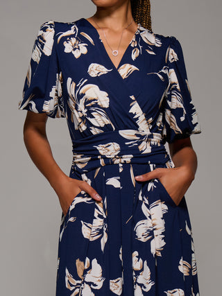 Puff Sleeve Jersey Maxi Dress, Navy Floral