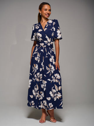 Puff Sleeve Jersey Maxi Dress, Navy Floral