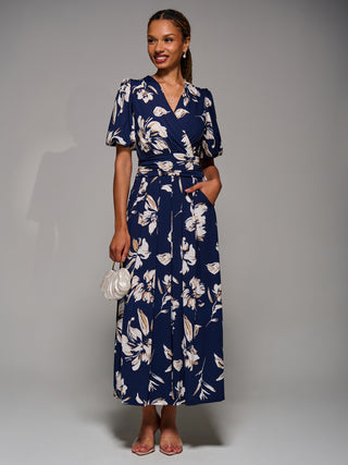 Puff Sleeve Jersey Maxi Dress, Navy Floral