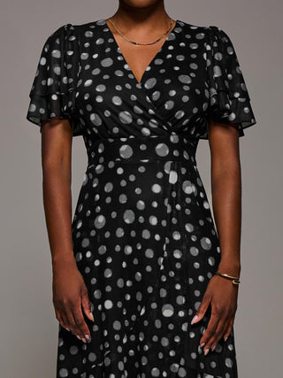 Angel Sleeve Mesh Frill Wrap Maxi Dress, Black Spot