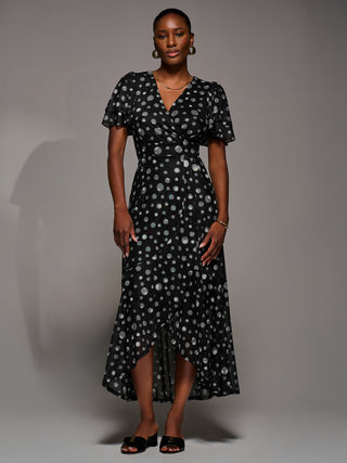 Angel Sleeve Mesh Frill Wrap Maxi Dress, Black Spot