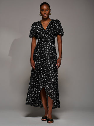 Angel Sleeve Mesh Frill Wrap Maxi Dress, Black Spot