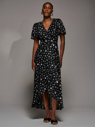 Angel Sleeve Mesh Frill Wrap Maxi Dress, Black Spot