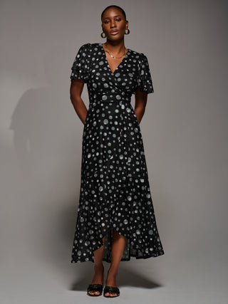 Angel Sleeve Mesh Frill Wrap Maxi Dress, Black Spot