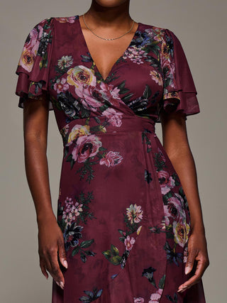 Angel Sleeve Mesh Frill Wrap Maxi Dress, Burgundy Floral