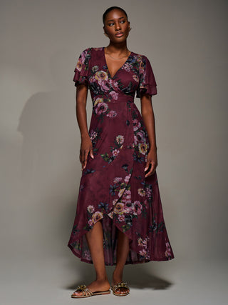 Angel Sleeve Mesh Frill Wrap Maxi Dress, Burgundy Floral