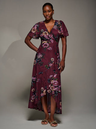 Angel Sleeve Mesh Frill Wrap Maxi Dress, Burgundy Floral