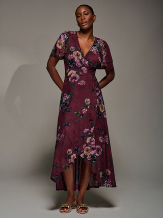 Angel Sleeve Mesh Frill Wrap Maxi Dress, Burgundy Floral