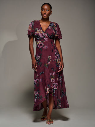 Angel Sleeve Mesh Frill Wrap Maxi Dress, Burgundy Floral
