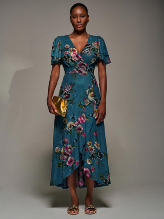 Angel Sleeve Mesh Frill Wrap Maxi Dress, Teal Floral
