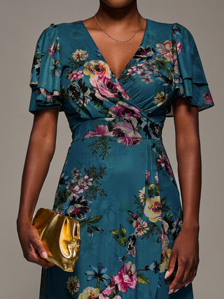 Angel Sleeve Mesh Frill Wrap Maxi Dress, Teal Floral