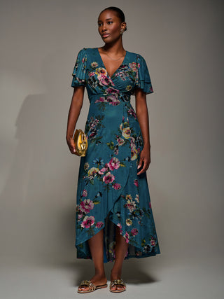 Angel Sleeve Mesh Frill Wrap Maxi Dress, Teal Floral