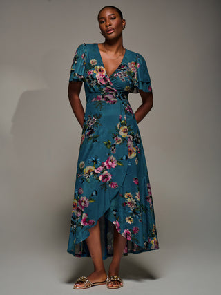 Angel Sleeve Mesh Frill Wrap Maxi Dress, Teal Floral