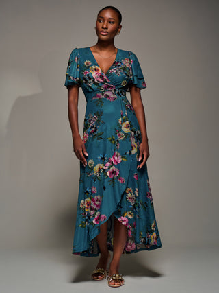 Angel Sleeve Mesh Frill Wrap Maxi Dress, Teal Floral