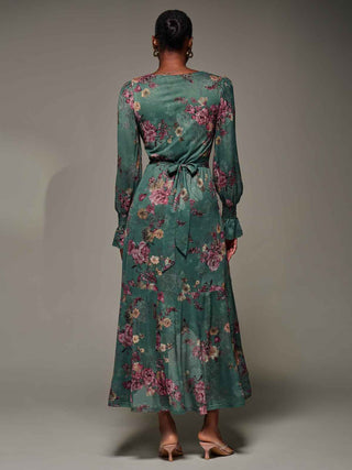 Long Sleeve Frill Hem Mesh Maxi Dress, Green Floral