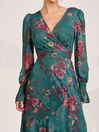 Long Sleeve Frill Hem Mesh Maxi Dress, Green Floral