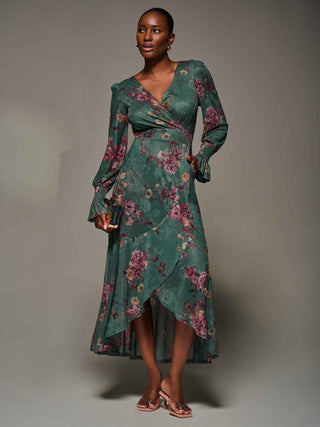 Long Sleeve Frill Hem Mesh Maxi Dress, Green Floral