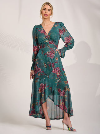 Long Sleeve Frill Hem Mesh Maxi Dress, Green Floral