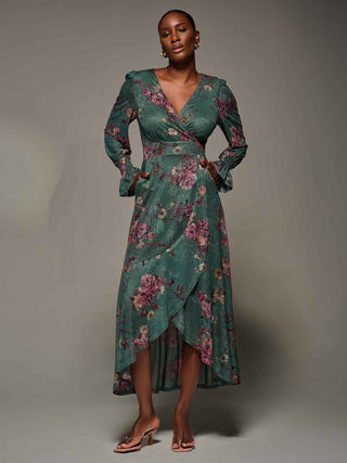 Long Sleeve Frill Hem Mesh Maxi Dress, Green Floral