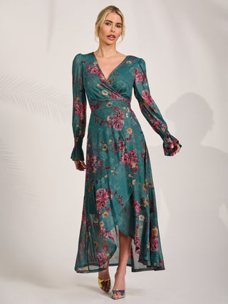 Long Sleeve Frill Hem Mesh Maxi Dress, Green Floral