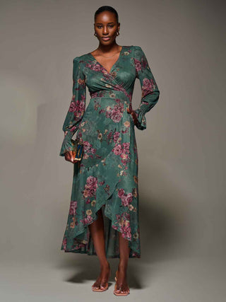 Long Sleeve Frill Hem Mesh Maxi Dress, Green Floral