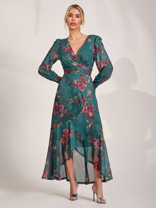 Long Sleeve Frill Hem Mesh Maxi Dress, Green Floral