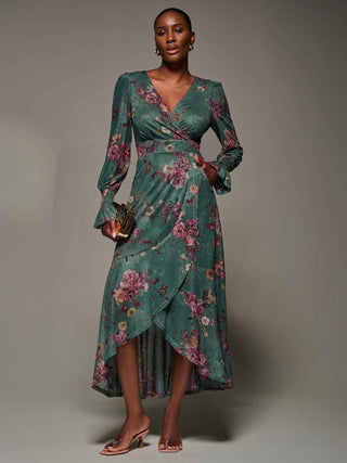 Long Sleeve Frill Hem Mesh Maxi Dress, Green Floral