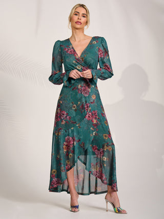 Long Sleeve Frill Hem Mesh Maxi Dress, Green Floral