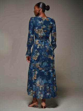 Long Sleeve Frill Hem Mesh Maxi Dress, Navy Floral