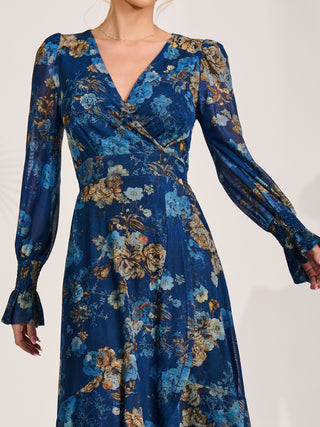 Long Sleeve Frill Hem Mesh Maxi Dress, Navy Floral
