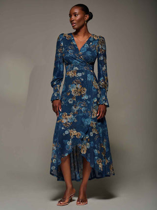 Long Sleeve Frill Hem Mesh Maxi Dress, Navy Floral