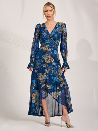 Long Sleeve Frill Hem Mesh Maxi Dress, Navy Floral