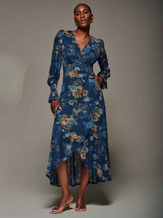 Long Sleeve Frill Hem Mesh Maxi Dress, Navy Floral