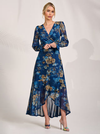 Long Sleeve Frill Hem Mesh Maxi Dress, Navy Floral
