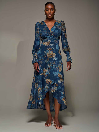 Long Sleeve Frill Hem Mesh Maxi Dress, Navy Floral