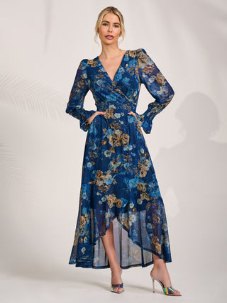 Long Sleeve Frill Hem Mesh Maxi Dress, Navy Floral