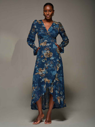Long Sleeve Frill Hem Mesh Maxi Dress, Navy Floral