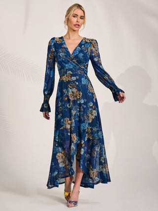 Long Sleeve Frill Hem Mesh Maxi Dress, Navy Floral
