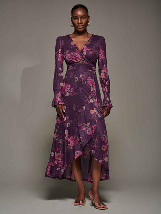Long Sleeve Frill Hem Mesh Maxi Dress, Purple Floral Jolie Moi Retail Long Sleeve Frill Hem Mesh Maxi Dress, Purple Floral Jolie Moi Retail