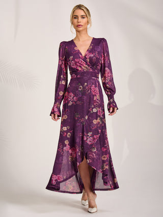 Long Sleeve Frill Hem Mesh Maxi Dress, Purple Floral – Jolie Moi Retail