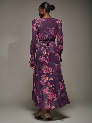 Long Sleeve Frill Hem Mesh Maxi Dress, Purple Floral