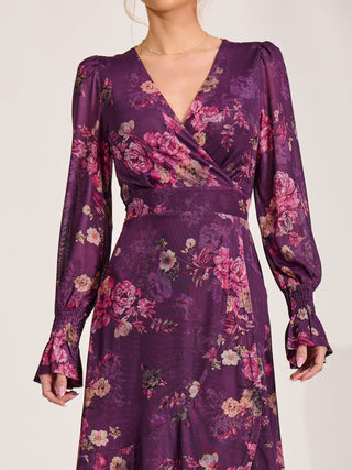 Long Sleeve Frill Hem Mesh Maxi Dress, Purple Floral
