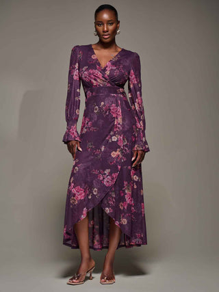 Long Sleeve Frill Hem Mesh Maxi Dress, Purple Floral