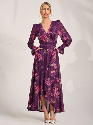 Long Sleeve Frill Hem Mesh Maxi Dress, Purple Floral