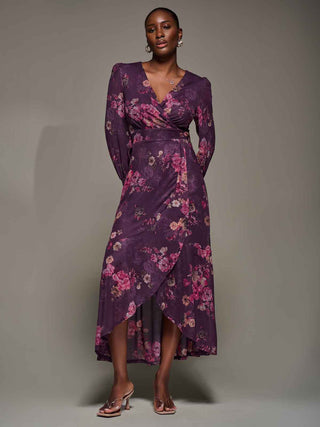 Long Sleeve Frill Hem Mesh Maxi Dress, Purple Floral