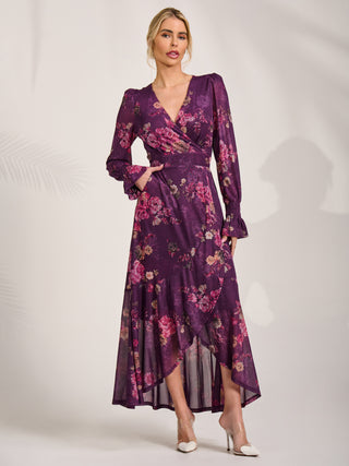 Long Sleeve Frill Hem Mesh Maxi Dress, Purple Floral
