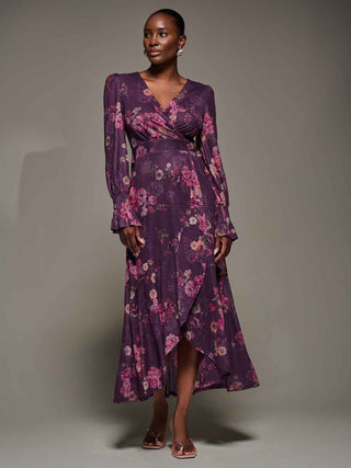 Long Sleeve Frill Hem Mesh Maxi Dress, Purple Floral