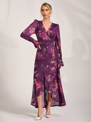 Long Sleeve Frill Hem Mesh Maxi Dress, Purple Floral