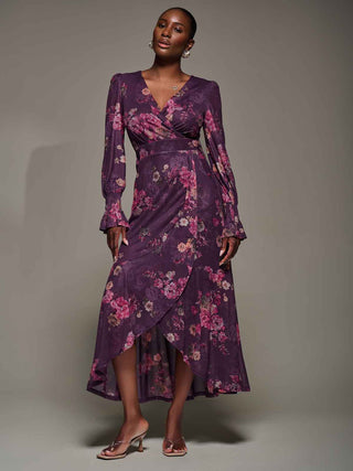 Long Sleeve Frill Hem Mesh Maxi Dress, Purple Floral