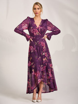 Long Sleeve Frill Hem Mesh Maxi Dress, Purple Floral – Jolie Moi Retail